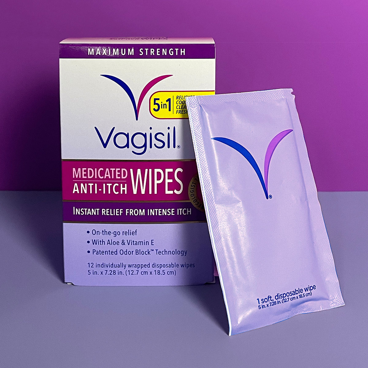 Anti-Itch Wipes box with individually wrapped wipe
